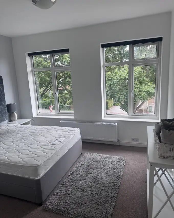 A cleaned bedroom with vacuumed carpet, clear surfaces and streak-free windows