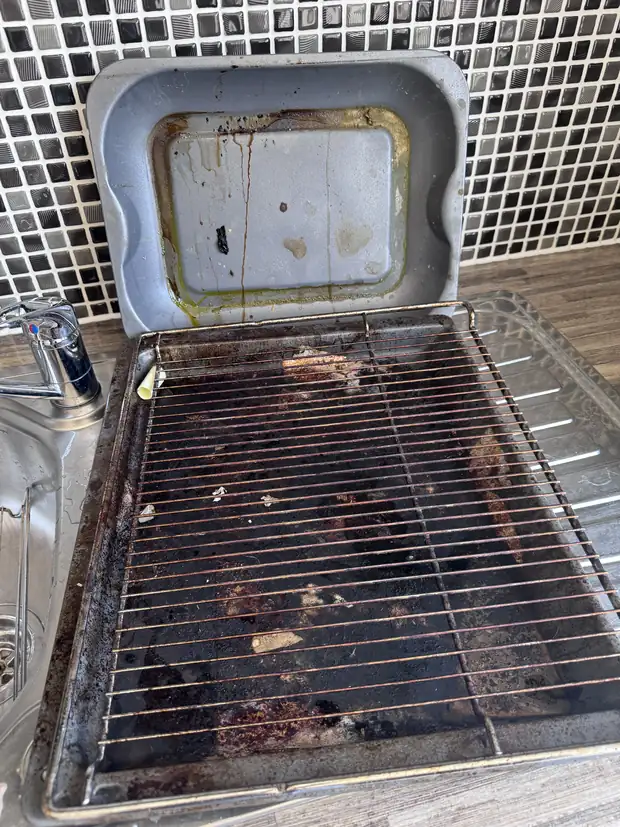 Oven tray and shelf heavily soiled with burnt-on grease before cleaning